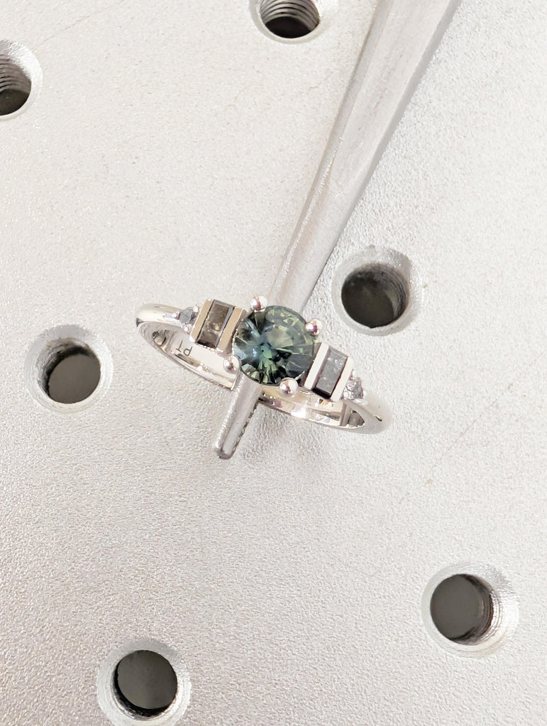 Peacock Sapphire Engagement Ring in Platinum, Round Baguette Salt and Pepper Diamond Sides image #12