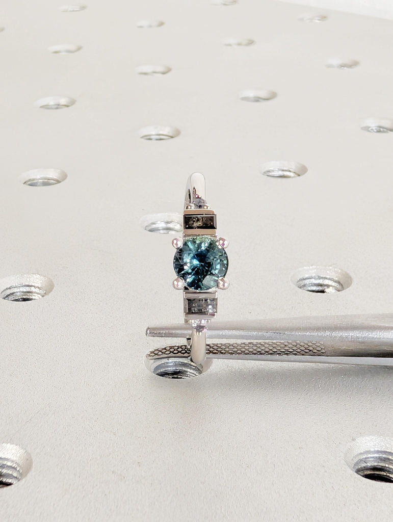 Peacock Sapphire Engagement Ring in Platinum, Round Baguette Salt and Pepper Diamond Sides image #3