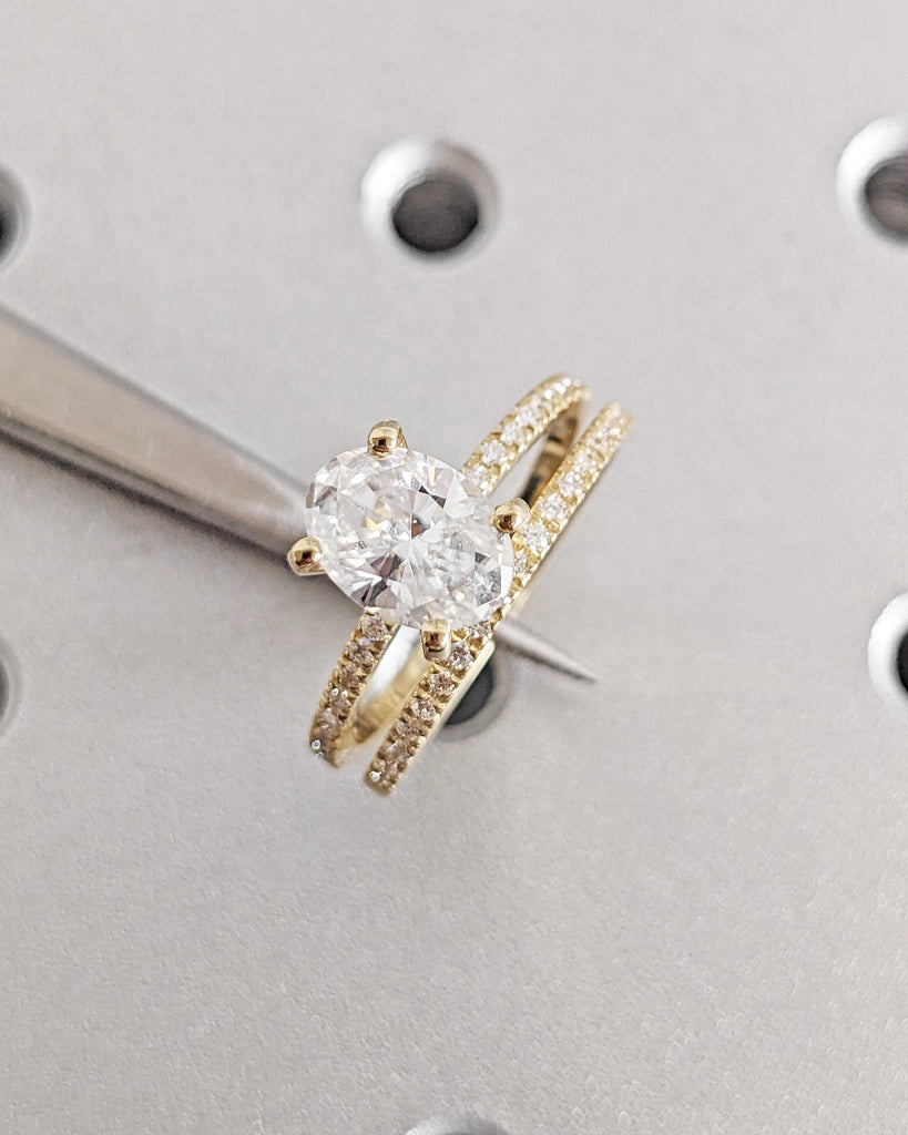 Oval Moissanite Engagement Ring Set | Vintage Yellow Gold Bridal Set | Art Deco Wedding Ring Set | Diamond Bridal Set | Promise Ring for Her image #3