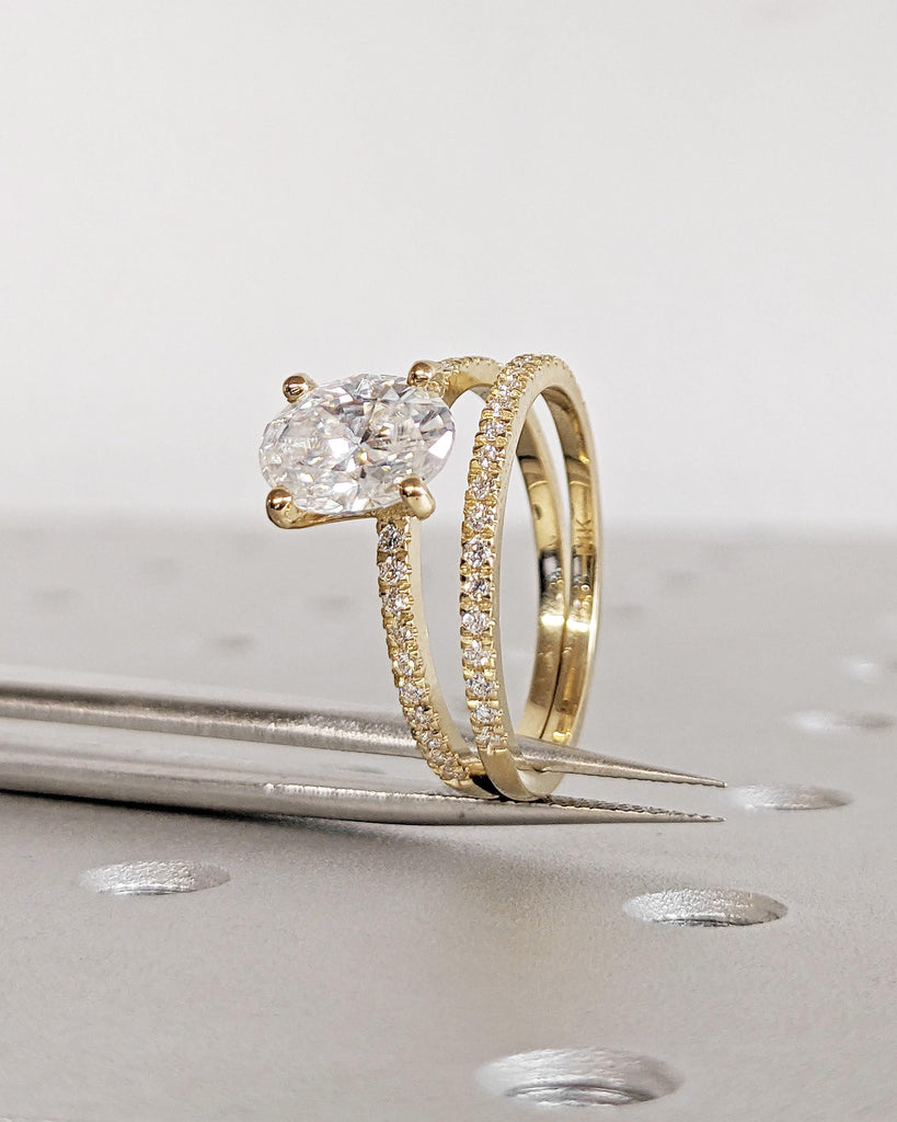 Oval Moissanite Engagement Ring Set | Vintage Yellow Gold Bridal Set | Art Deco Wedding Ring Set | Diamond Bridal Set | Promise Ring for Her image #4