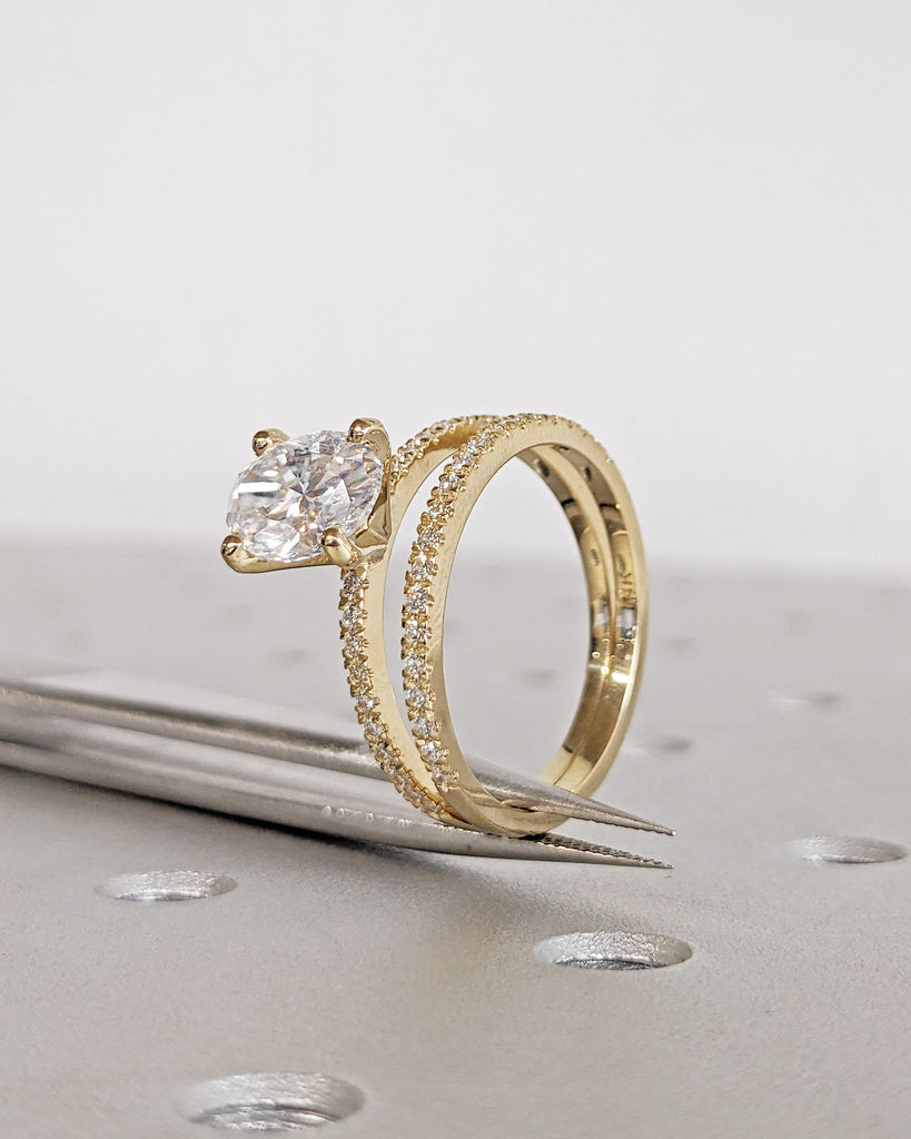 Oval Moissanite Engagement Ring Set | Vintage Yellow Gold Bridal Set | Art Deco Wedding Ring Set | Diamond Bridal Set | Promise Ring for Her image #5