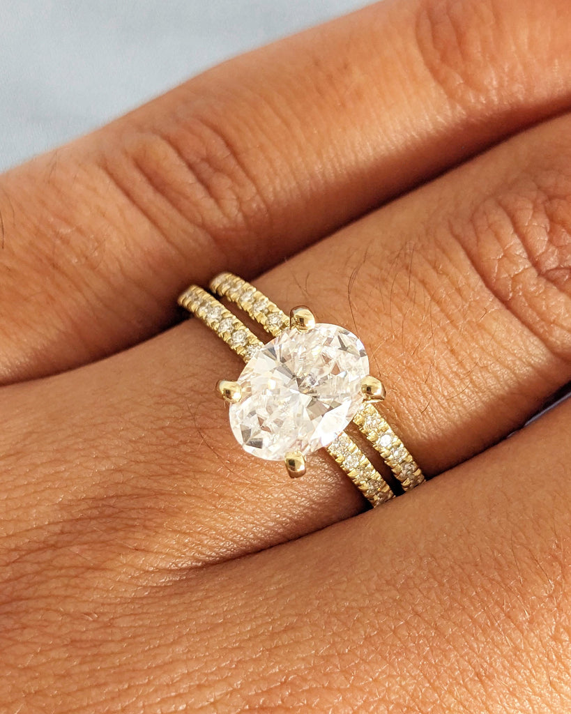Oval Moissanite Engagement Ring Set | Vintage Yellow Gold Bridal Set | Art Deco Wedding Ring Set | Diamond Bridal Set | Promise Ring for Her image #9
