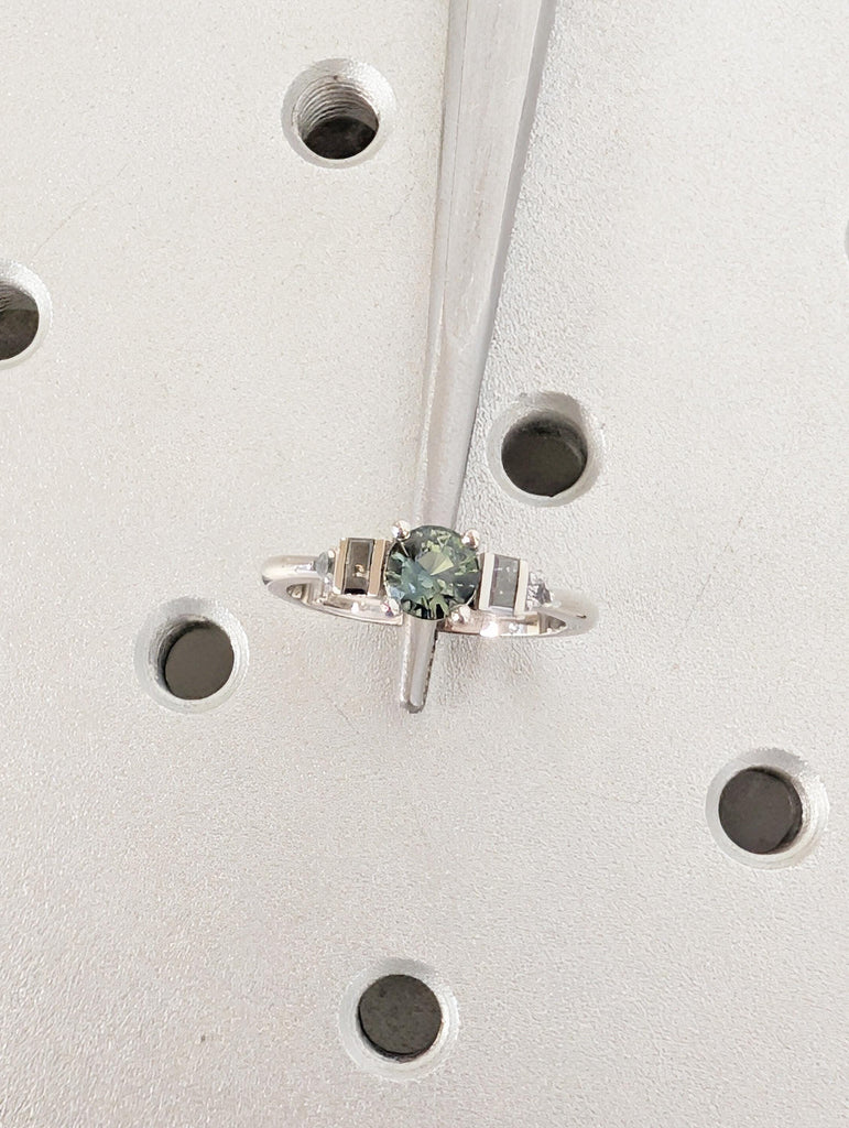 Peacock Sapphire Engagement Ring in Platinum, Round Baguette Salt and Pepper Diamond Sides image #2