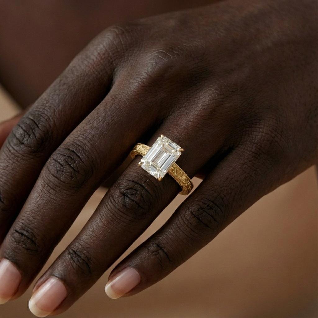 Emerald Cut Moissanite Vintage Engagement Ring | 14k Yellow Gold Rings for Women | Solitaire Ring | Hand Engraved Filigree Wedding band image #5