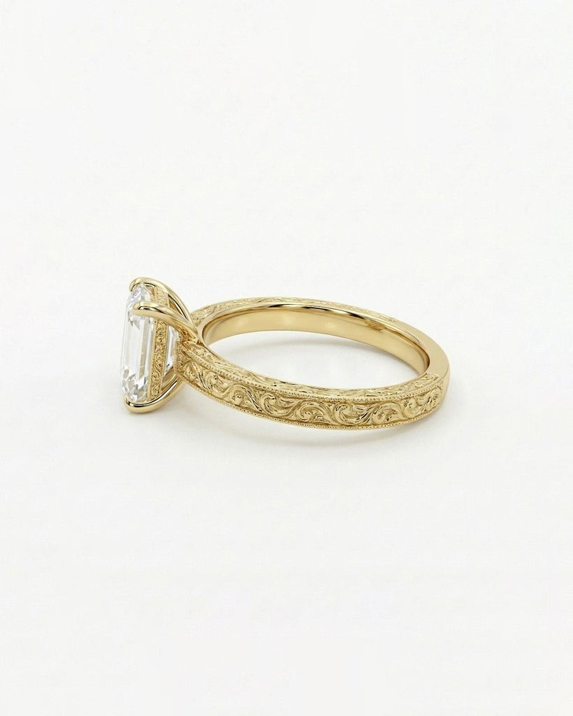 Emerald Cut Moissanite Vintage Engagement Ring | 14k Yellow Gold Rings for Women | Solitaire Ring | Hand Engraved Filigree Wedding band image #4