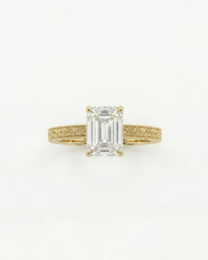 Vintage Style Emerald cut Lab Diamond Engagement Ring | 14k/18k Solid Gold Solitaire Ring | Filigree Wedding Band for Women image #3