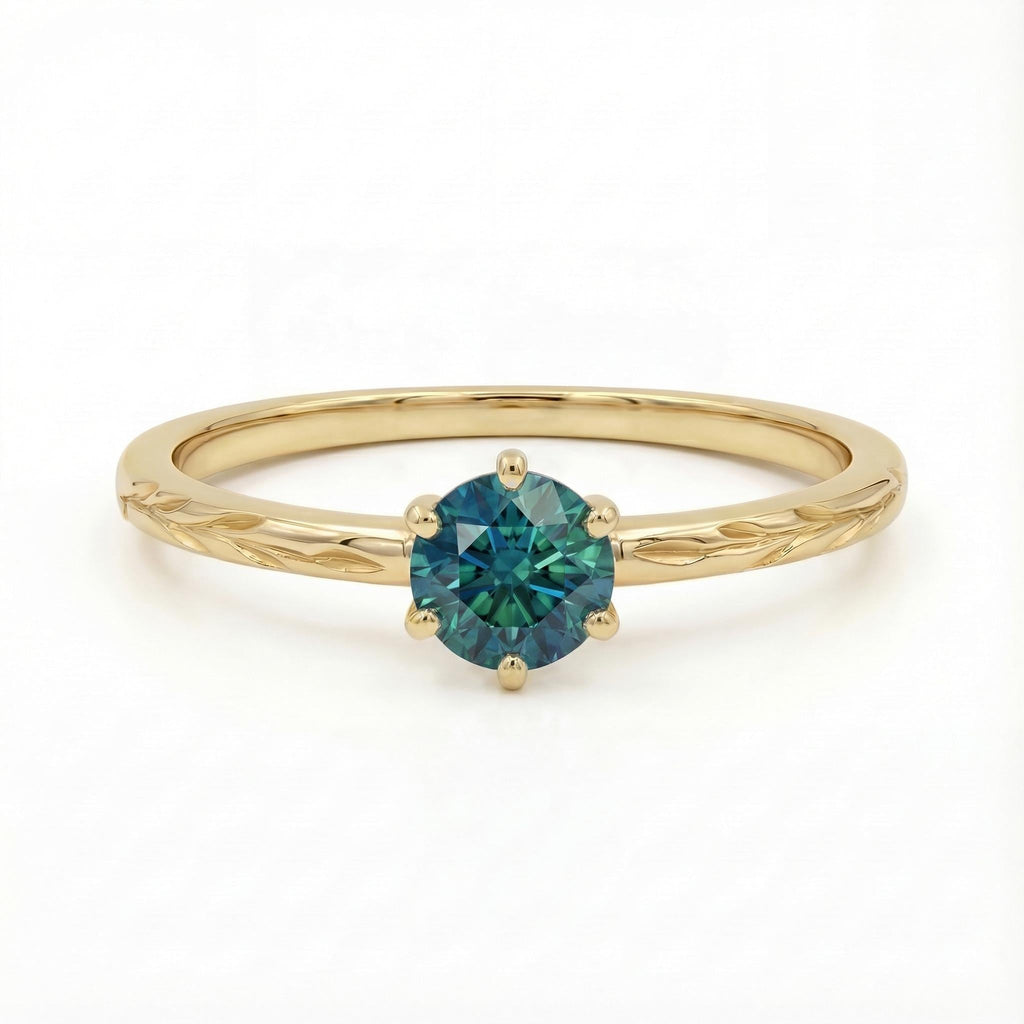 Olive Branch Ring Peacock Sapphire, 14K Solid Yellow Gold Solitaire Engagement Ring, Vintage Engraved Heirloom Band, Unique Wedding Ring image #5