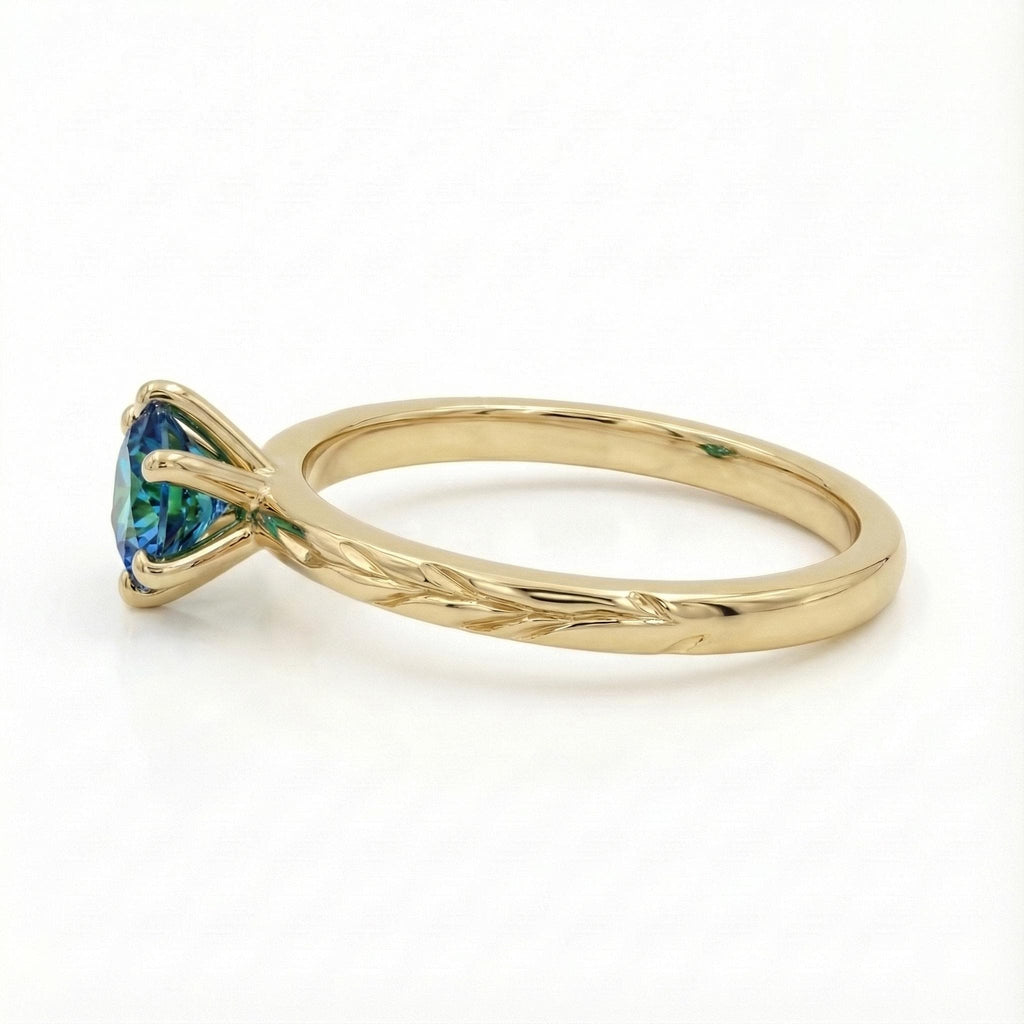 Olive Branch Ring Peacock Sapphire, 14K Solid Yellow Gold Solitaire Engagement Ring, Vintage Engraved Heirloom Band, Unique Wedding Ring image #3
