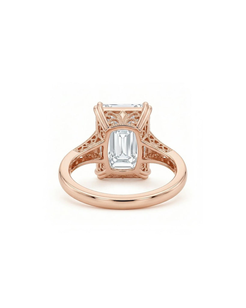 1-2ct Emerald cut Lab Diamond Vintage Style Engagement Ring | 14k/18k Rose Gold Solitaire Ring | Filigree Wedding Band for Women image #4