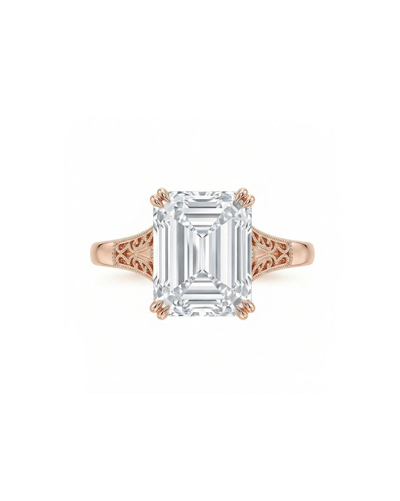 Art Deco Rose Gold Filigree Wedding Ring: Certified VS1 Lab Created Diamond, Emerald cut Solitaire image #2