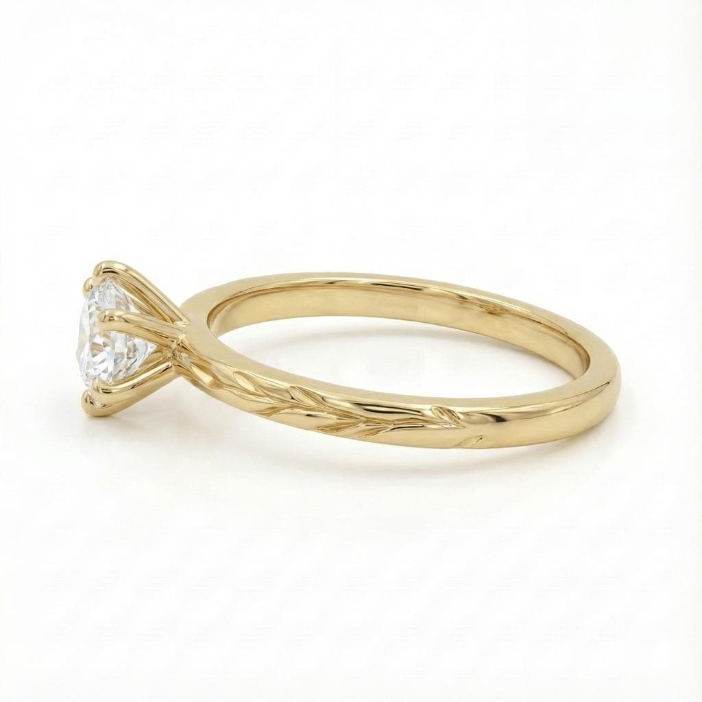 14K Yellow Gold Round Moissanite Engagement Ring, Vintage Gold Olive Branch Ring, Women's Wedding Band, Anniversary Wedding Gift, Her Ring image #3