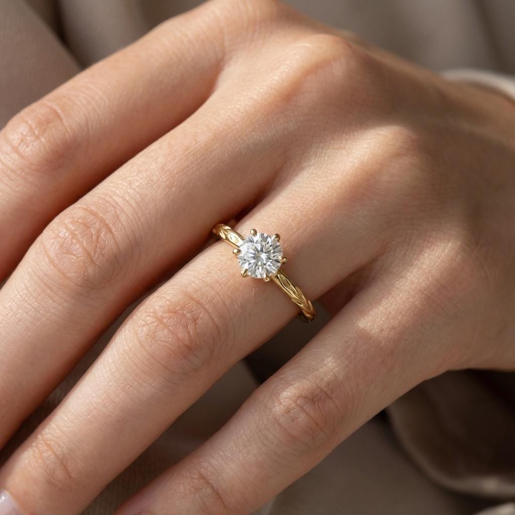 14K Yellow Gold Round Moissanite Engagement Ring, Vintage Gold Olive Branch Ring, Women's Wedding Band, Anniversary Wedding Gift, Her Ring