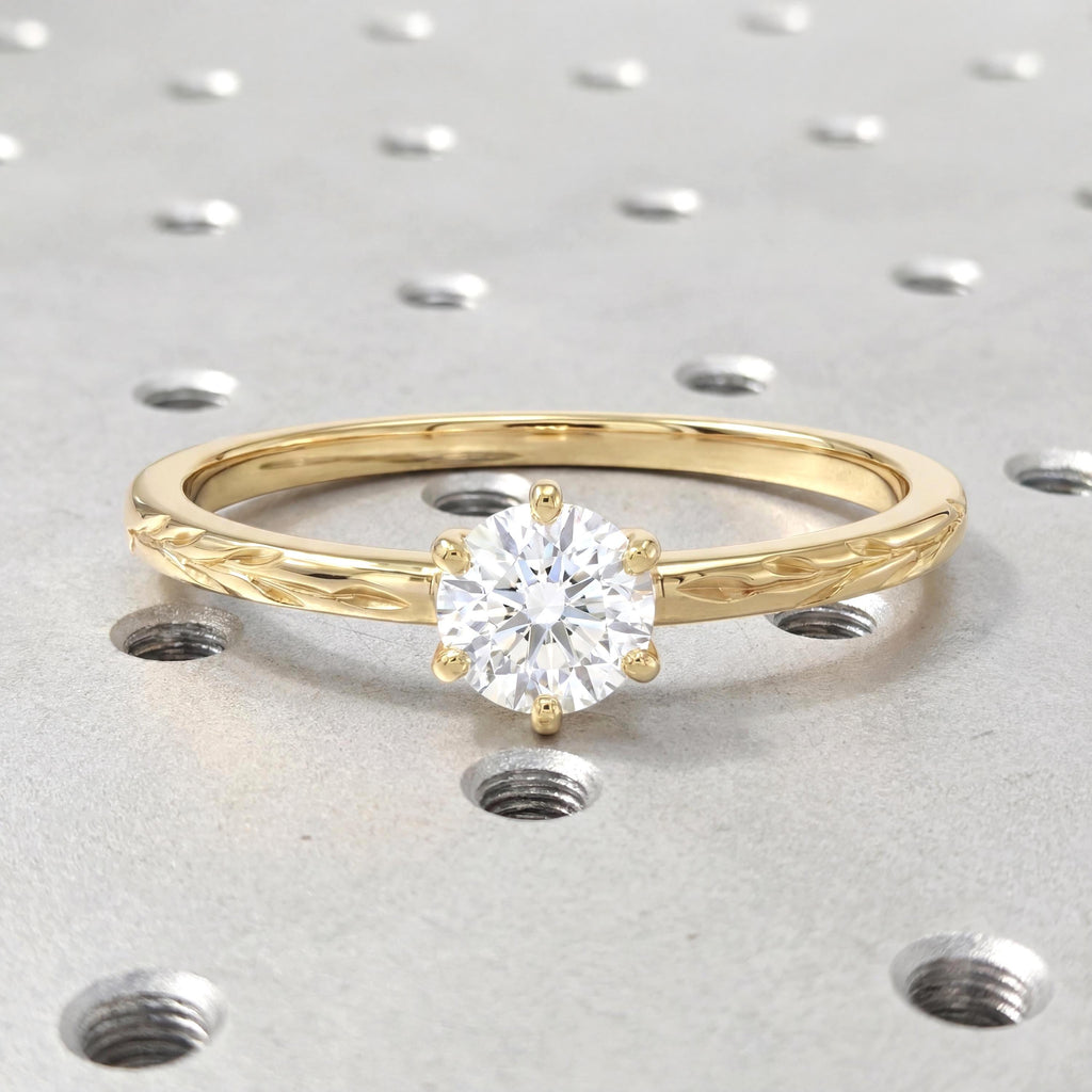 14K Yellow Gold Round Moissanite Engagement Ring, Vintage Gold Olive Branch Ring, Women's Wedding Band, Anniversary Wedding Gift, Her Ring image #2