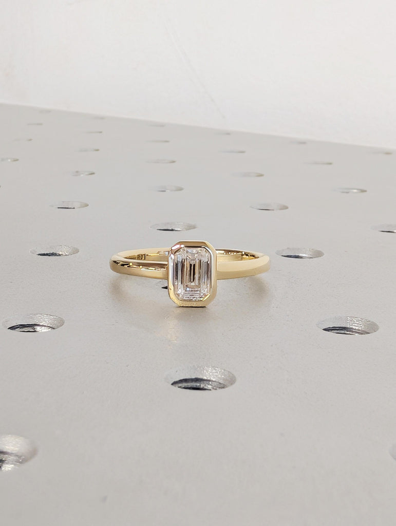 Vintage Emerald Cut Lab Diamond Engagement Ring, Solitaire Lab Grown Diamond Bezel Women's Ring, Anniversary Gift For Her, Gold Promise Ring