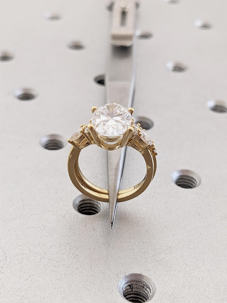 Bridal Ring Set, IGI Certified Oval Lab Diamond Engagement Ring, Round & Pear Moissanite Cluster image #3