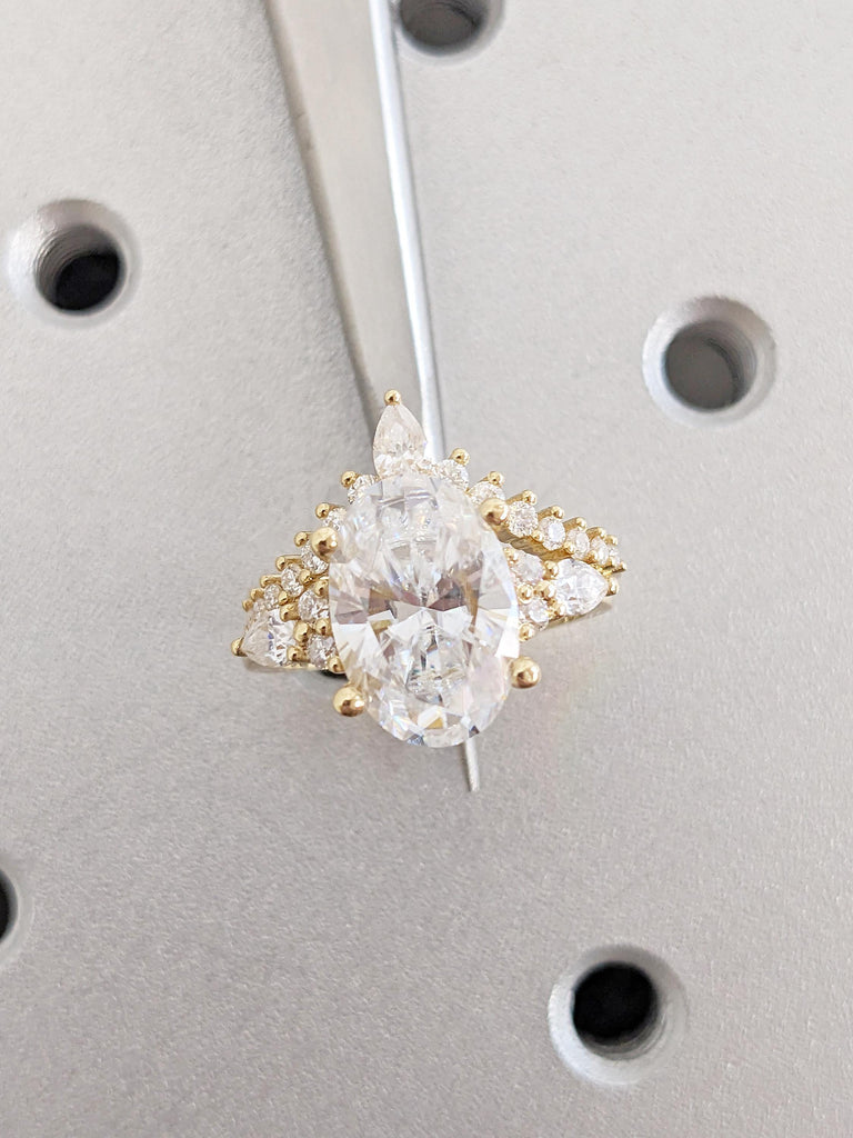 Bridal Ring Set, IGI Certified Oval Lab Diamond Engagement Ring, Round & Pear Moissanite Cluster image #16