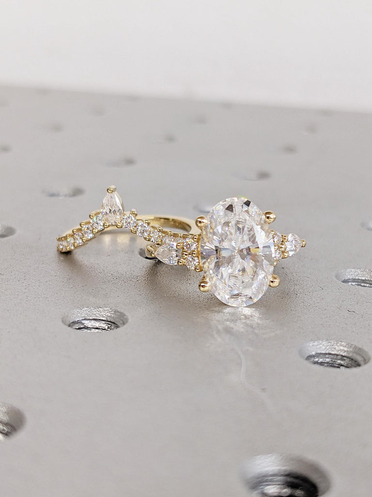 Bridal Ring Set, IGI Certified Oval Lab Diamond Engagement Ring, Round & Pear Moissanite Cluster image #7