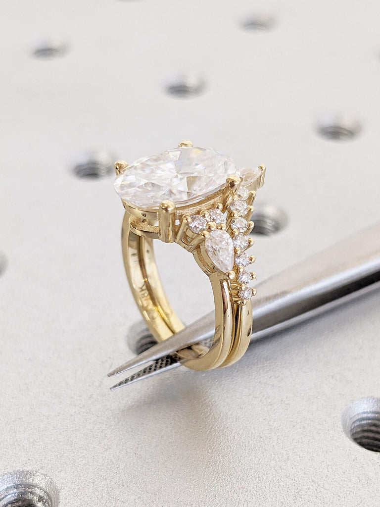 Oval Lab Grown Diamond Ring Set, 18k Solid Gold Matching Engagement Ring, Round and Pear Lab Created Diamond Side Stones, Big Statement Ring image #11