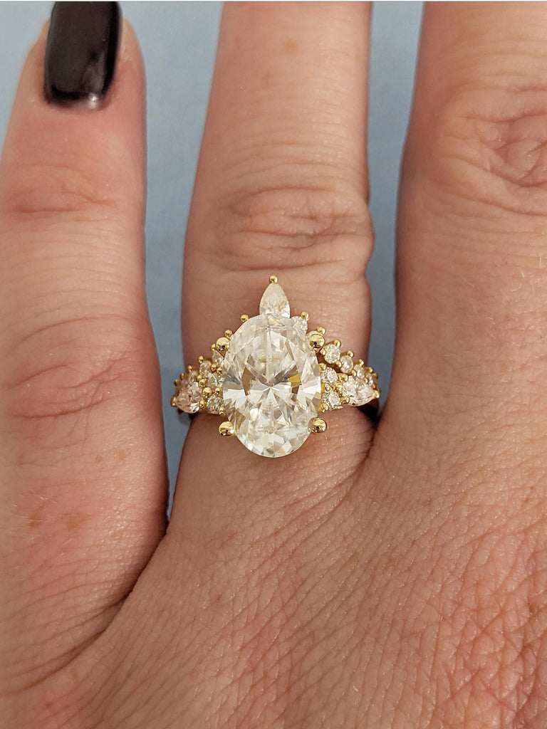 Oval Lab Grown Diamond Ring Set, 18k Solid Gold Matching Engagement Ring, Round and Pear Lab Created Diamond Side Stones, Big Statement Ring image #10