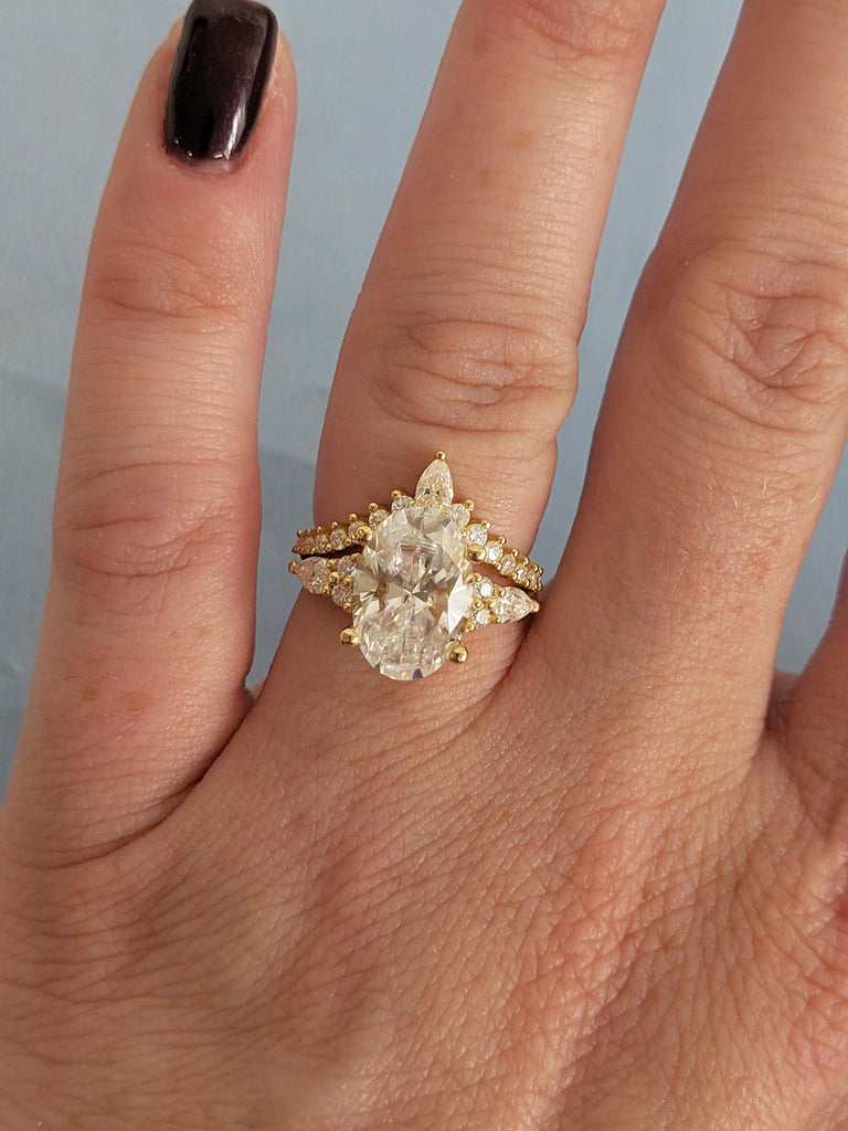 Oval Lab Grown Diamond Ring Set, 18k Solid Gold Matching Engagement Ring, Round and Pear Lab Created Diamond Side Stones, Big Statement Ring image #16