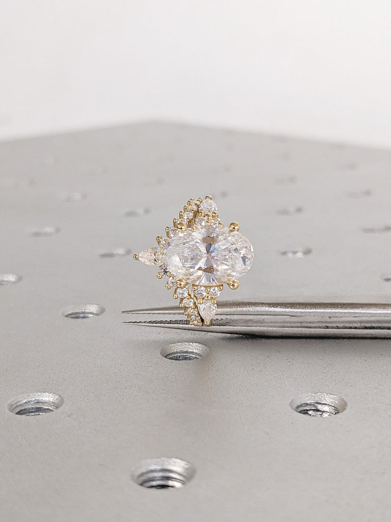 Oval Lab Grown Diamond Ring Set, 18k Solid Gold Matching Engagement Ring, Round and Pear Lab Created Diamond Side Stones, Big Statement Ring image #4