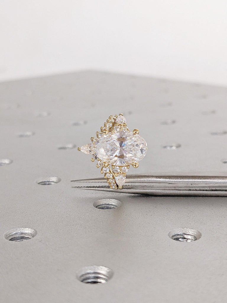 Bridal Ring Set, IGI Certified Oval Lab Diamond Engagement Ring, Round & Pear Moissanite Cluster image #8