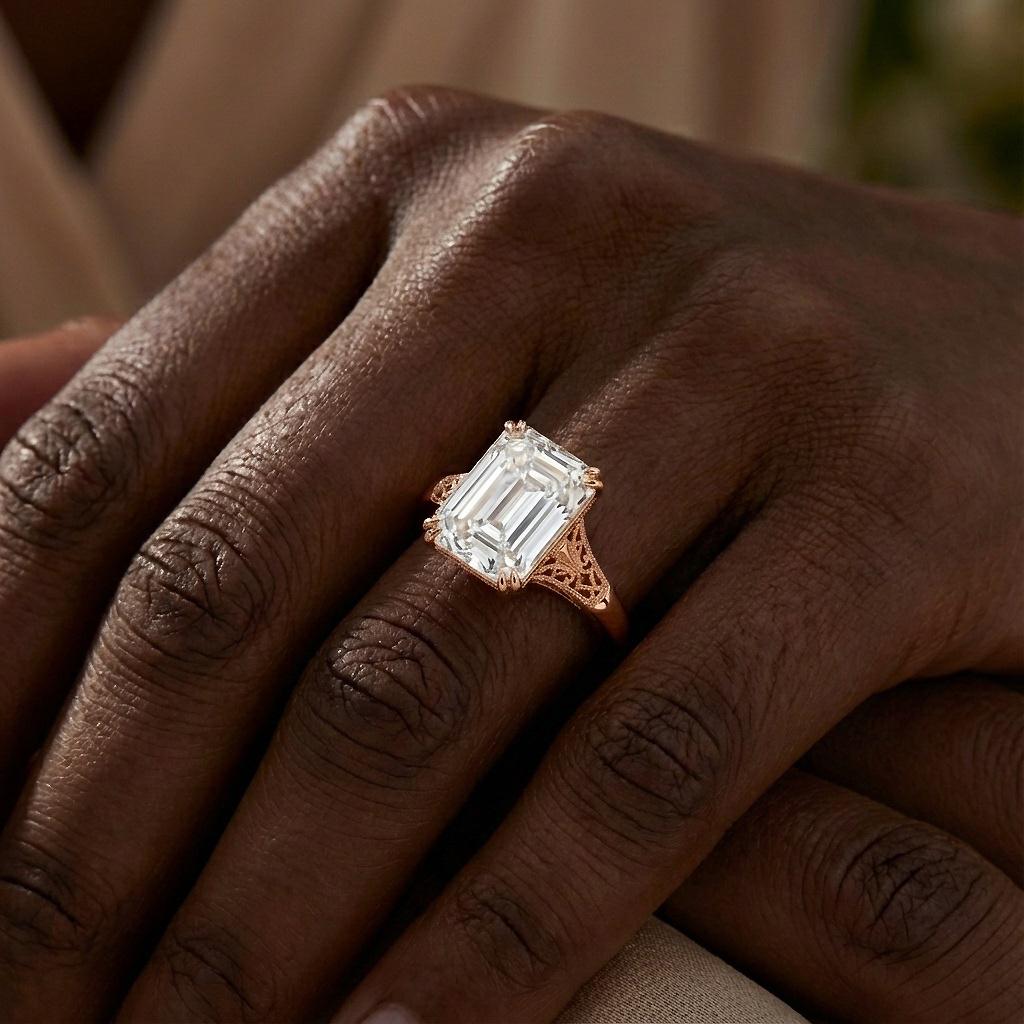 Emerald cut Moissanite Vintage Engagement Ring | Solid Rose Gold Solitaire Ring | Handmade Filigree Wedding Band for Women image #5