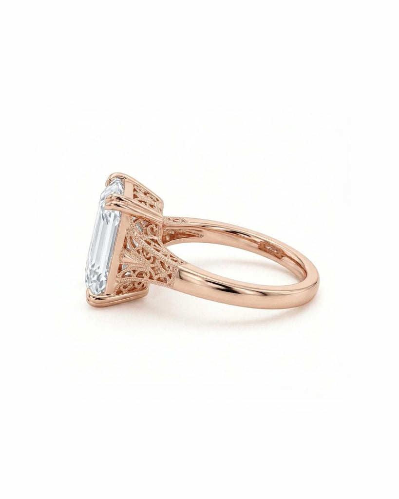 Emerald cut Moissanite Vintage Engagement Ring | Solid Rose Gold Solitaire Ring | Handmade Filigree Wedding Band for Women image #3