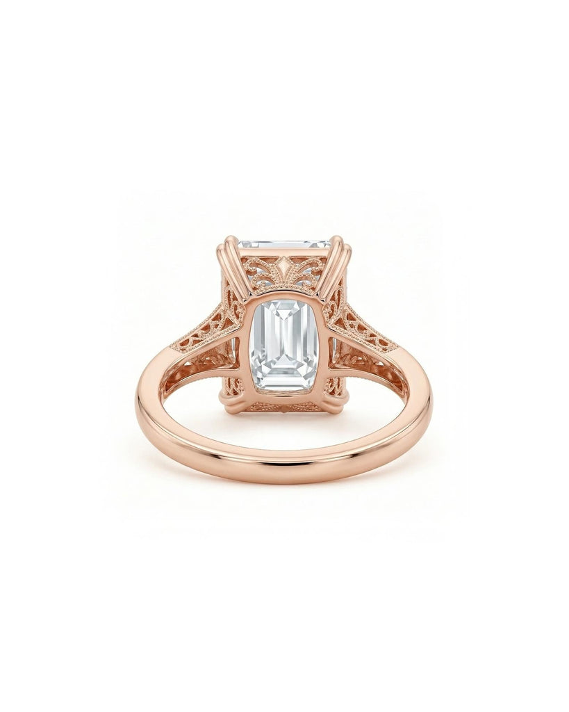 Emerald cut Moissanite Vintage Engagement Ring | Solid Rose Gold Solitaire Ring | Handmade Filigree Wedding Band for Women image #4