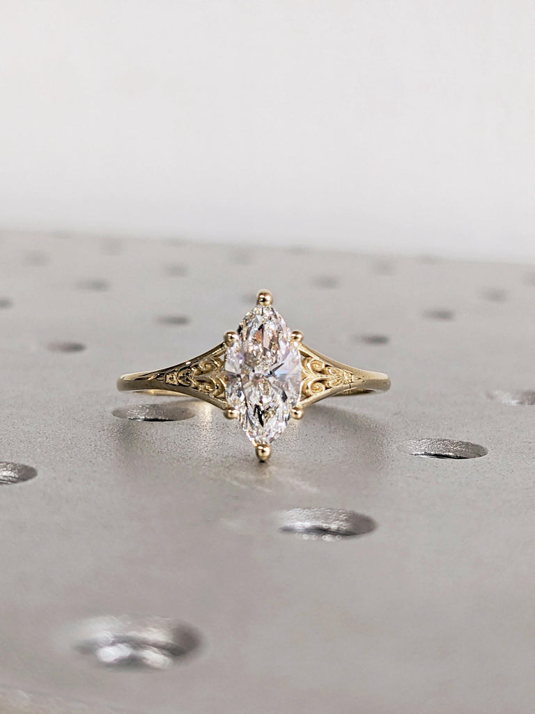 14K Gold Heirloom Moissanite Engagement Ring, Marquise Cut Victorian Filigree Band, Antique Proposal Ring, Women's Wedding Anniversary Ring