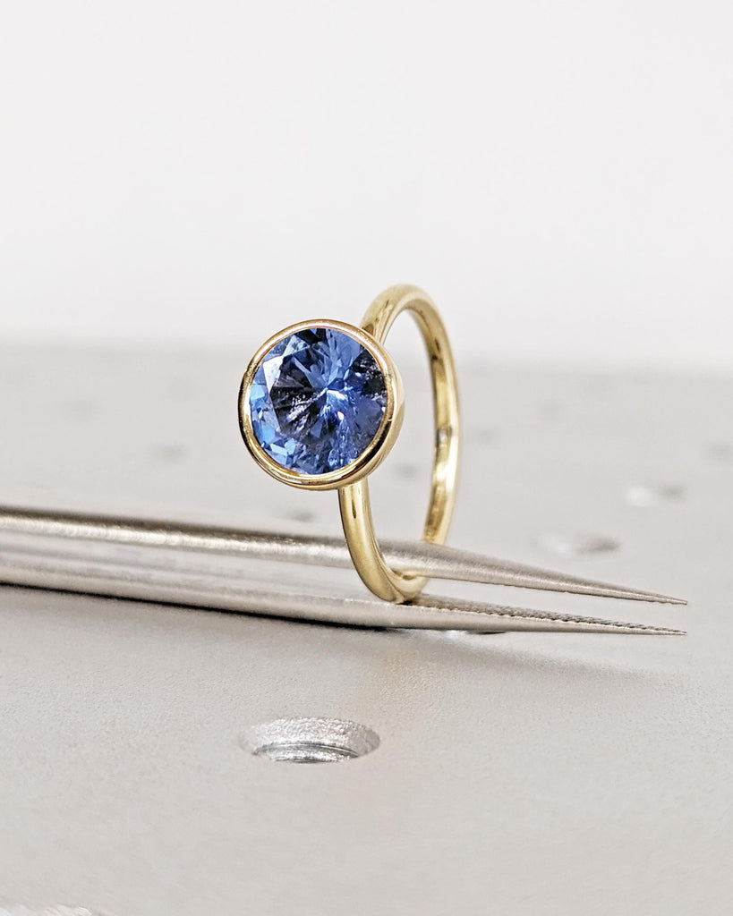 Vintage Tulip Setting Tanzanite Ring, Lotus Flower Nature Ring, Yellow Gold Bezel Engagement Ring, Violet Blue Tanzanite December Birthstone image #8