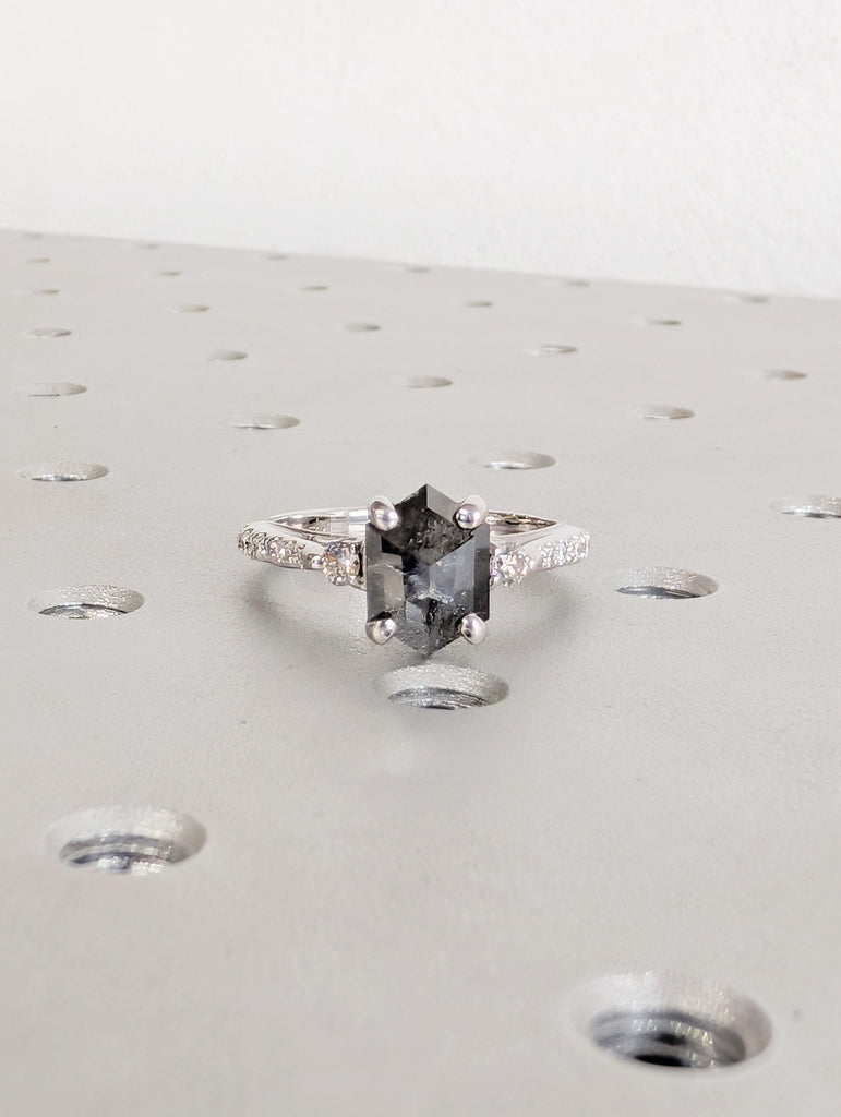 Hexagon Cut Salt and Pepper Diamond Ring, Art Deco 14K White Gold Vintage Filigree Round Side Diamond or Moissanite Engagement Ring For Her