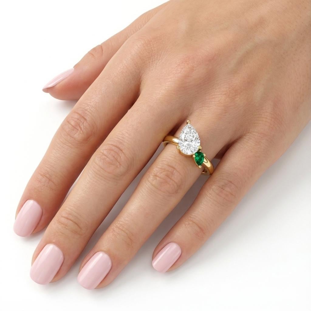 Lab Created Diamond Ring, Unique 14k Yellow Gold Engagement Ring, Pear Cut Lab Emerald and Lab Diamond Wedding Anniversary Ring, Nature Ring image #3