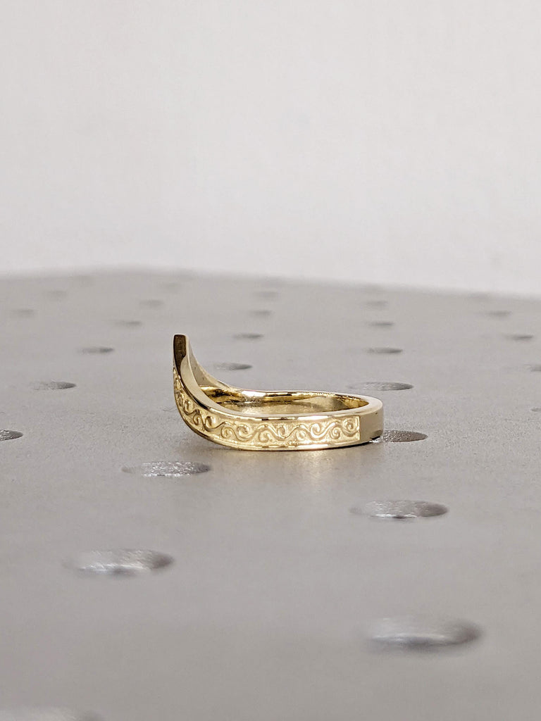 14K Yellow Gold Filigree Wedding Band, Curved Matching Ring for Women, Vintage Inspired Stacking Band, Delicate Gold Wedding Ring For Her image #2