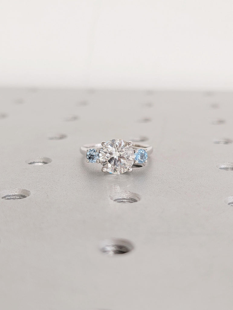 Round Cut Lab Grown Diamond, Aquamarine Three Stone Ring, Vintage 14k White Gold Wedding Engagement Rings for Women, Unique Trellis Set Ring image #7