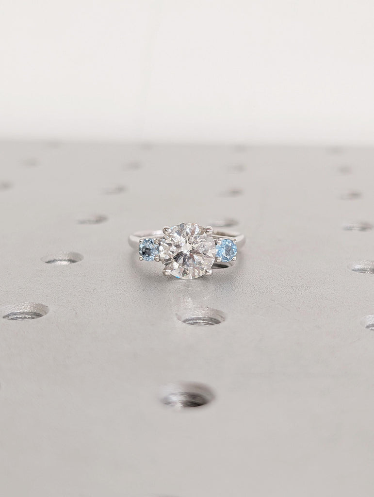 Art Deco 14k White Gold Three Stone Ring, Aquamarine & Lab Diamond Engagement Ring image #8