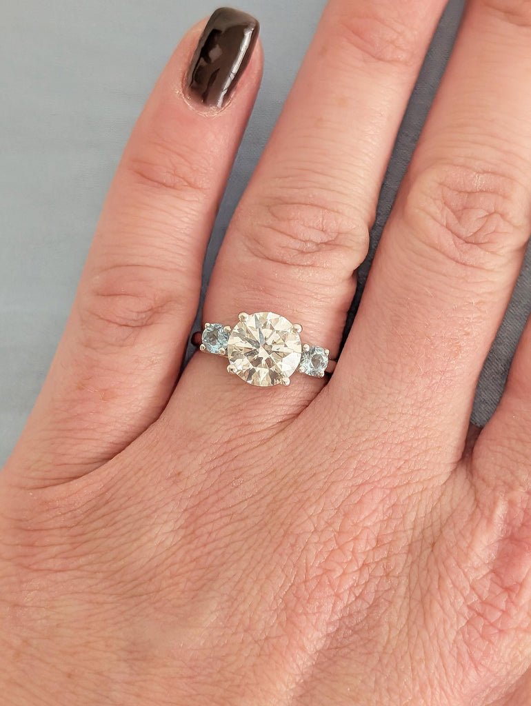 Round Cut Lab Grown Diamond, Aquamarine Three Stone Ring, Vintage 14k White Gold Wedding Engagement Rings for Women, Unique Trellis Set Ring image #13