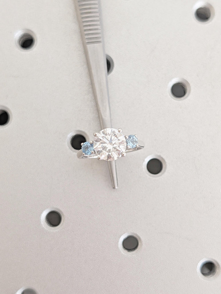 Round Cut Lab Grown Diamond, Aquamarine Three Stone Ring, Vintage 14k White Gold Wedding Engagement Rings for Women, Unique Trellis Set Ring image #14