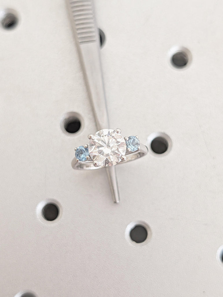 Round Cut Lab Grown Diamond, Aquamarine Three Stone Ring, Vintage 14k White Gold Wedding Engagement Rings for Women, Unique Trellis Set Ring image #11