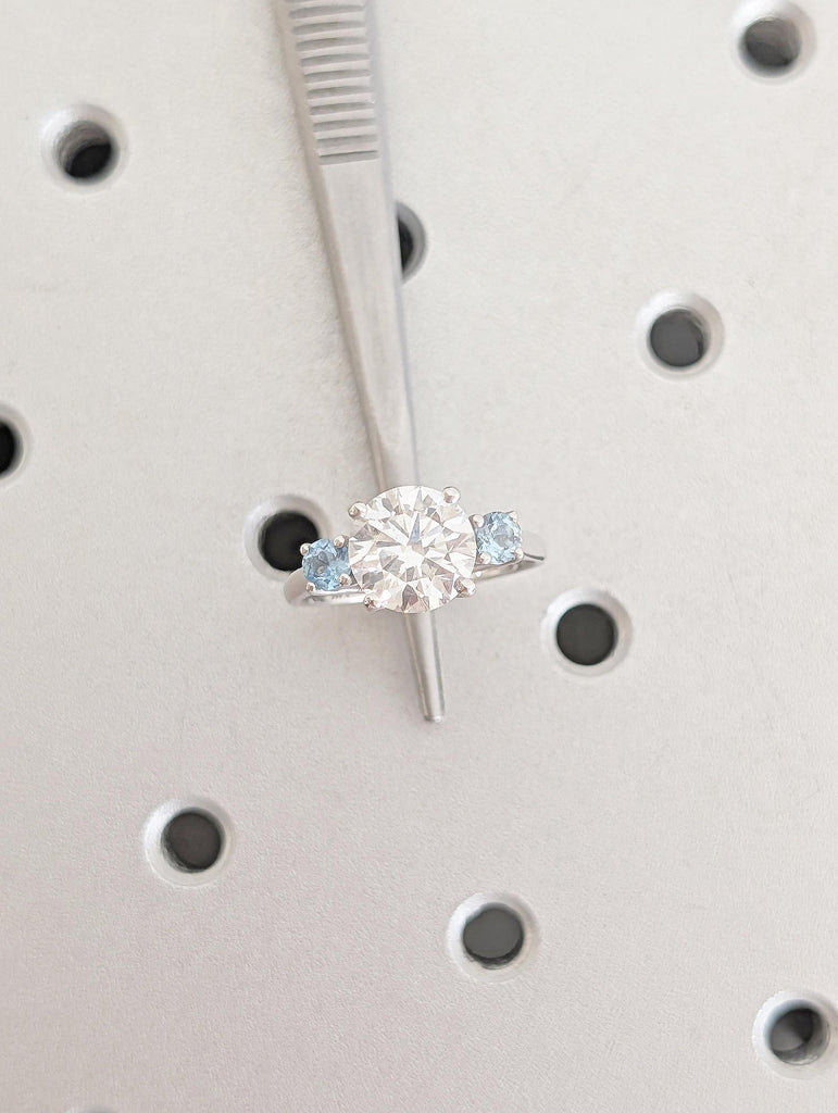 Round Cut Lab Grown Diamond, Aquamarine Three Stone Ring, Vintage 14k White Gold Wedding Engagement Rings for Women, Unique Trellis Set Ring image #15
