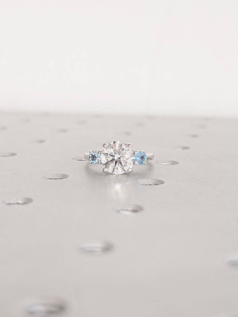 Round Cut Lab Grown Diamond, Aquamarine Three Stone Ring, Vintage 14k White Gold Wedding Engagement Rings for Women, Unique Trellis Set Ring image #17