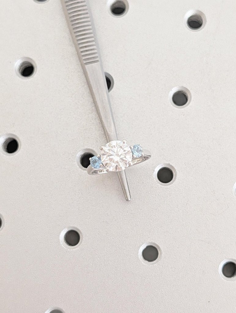 Round Cut Lab Grown Diamond, Aquamarine Three Stone Ring, Vintage 14k White Gold Wedding Engagement Rings for Women, Unique Trellis Set Ring image #16