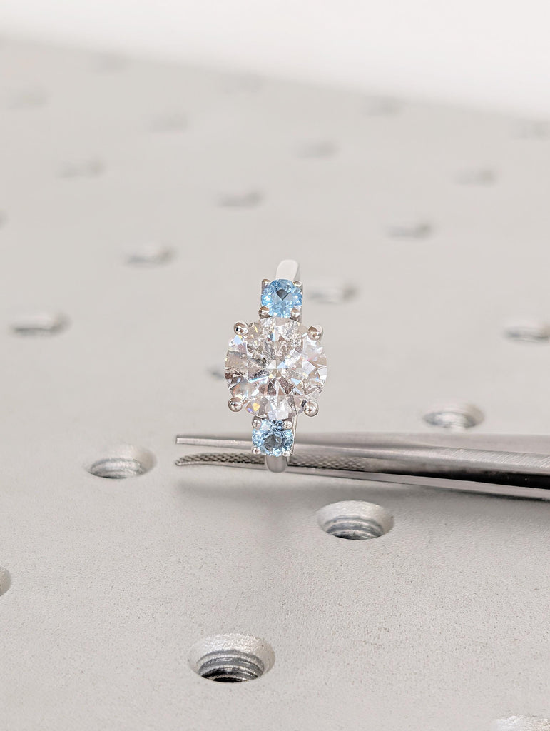 Round Cut Lab Grown Diamond, Aquamarine Three Stone Ring, Vintage 14k White Gold Wedding Engagement Rings for Women, Unique Trellis Set Ring image #9