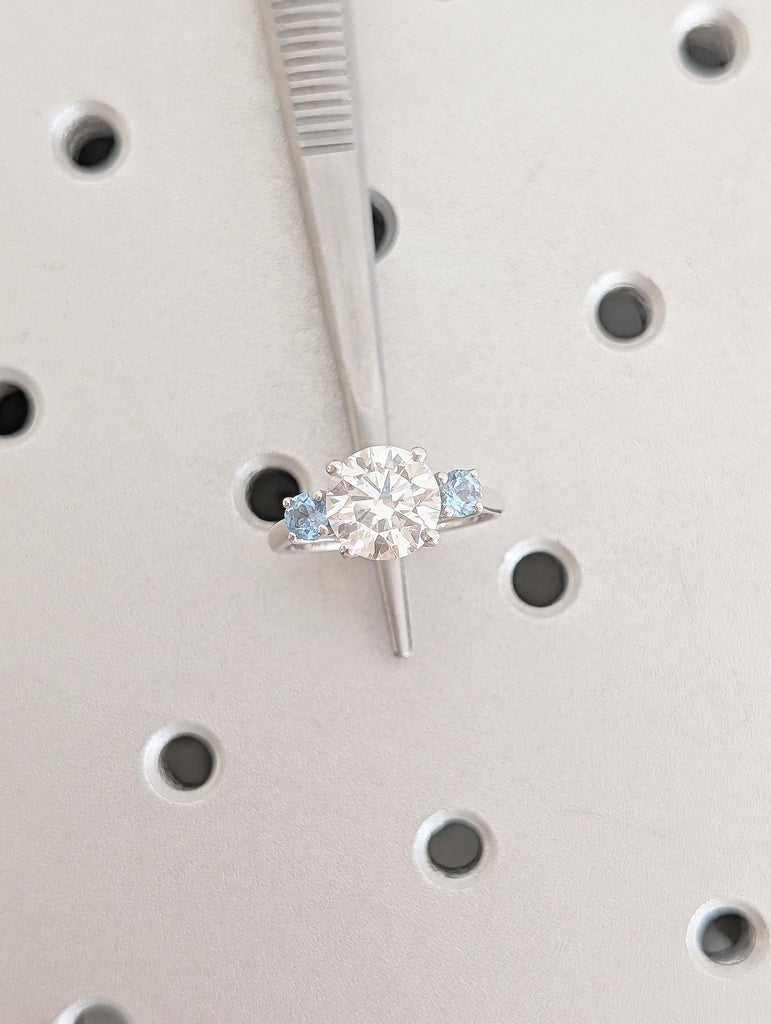 Moissanite and Aquamarine Past Present Future Ring, Three Stone Engagement Ring, Art Deco 14k White Gold Promise Ring for Her, Bridal Ring image #5