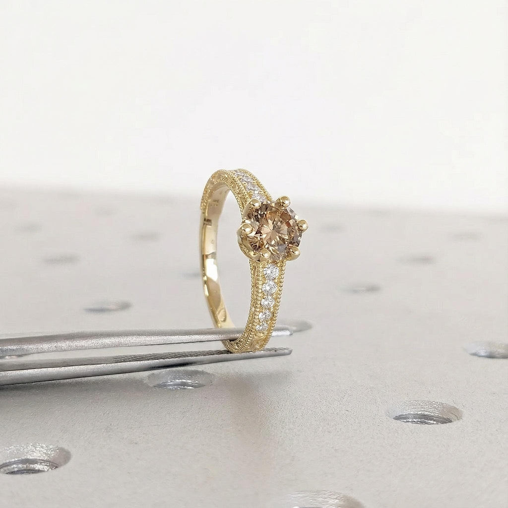 Round cut 14k/18k Gold Art Deco Engagement Ring | Brown Diamond and White Moissanite Ring | Women Wedding Ring