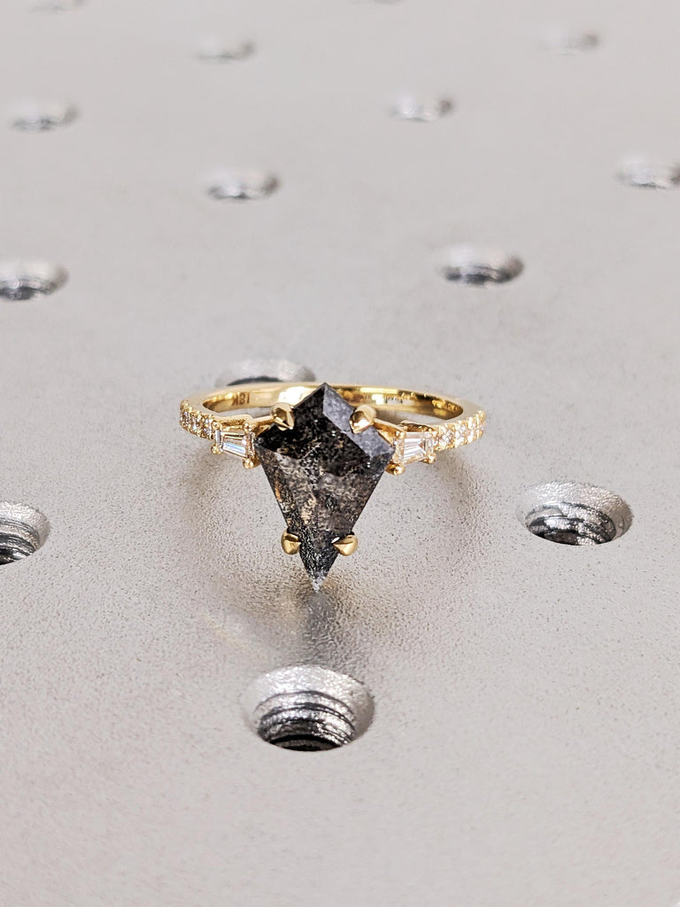 Salt and Pepper Diamond Engagement Ring, Kite Cut Diamond, 18K Yellow Gold Wedding Band, Art Deco Anniversary Ring image #6