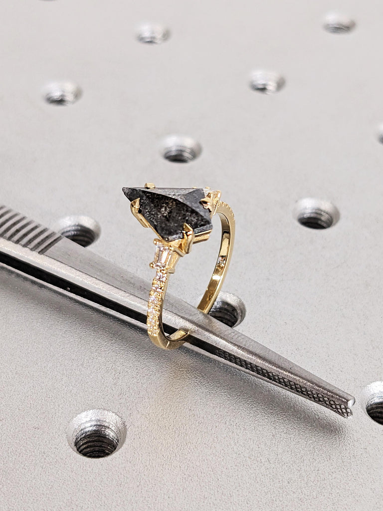 Salt and Pepper Diamond Engagement Ring, Kite Cut Diamond, 18K Yellow Gold Wedding Band, Art Deco Anniversary Ring image #7
