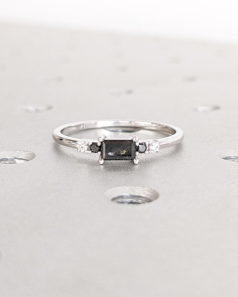 Salt and Pepper Diamond Baguette Ring, White Gold Diamond Ring, Art Deco Baguette Diamond Ring, Dainty Stacking Ring, Promise Ring for Her
