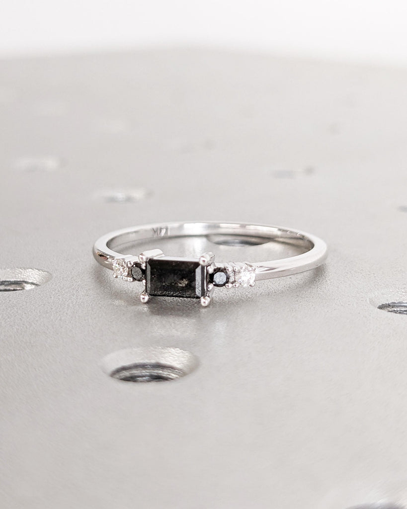 Salt and Pepper Diamond Baguette Ring, White Gold Diamond Ring, Art Deco Baguette Diamond Ring, Dainty Stacking Ring, Promise Ring for Her image #3