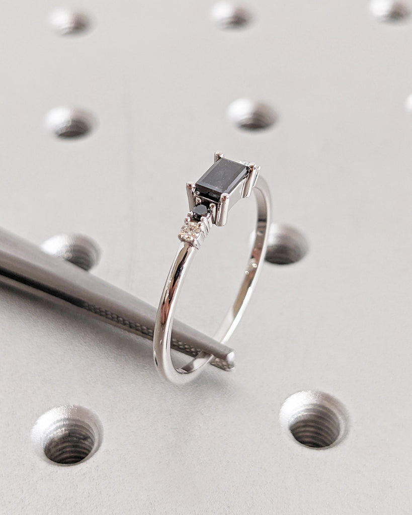 Salt and Pepper Diamond Baguette Ring, White Gold Diamond Ring, Art Deco Baguette Diamond Ring, Dainty Stacking Ring, Promise Ring for Her image #6